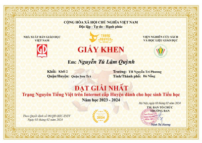 Học sinh Trường Tiểu học Nguyễn Tri Phương được Ban tổ chức công nhận đạt thành tích tốt trong kì thi Trạng nguyên Tiếng Việt trên Internet cấp Quận (Huyện)